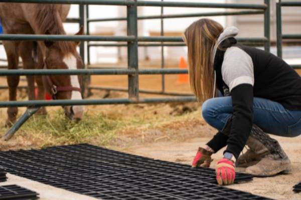 woman placing the horse stall flooring unit on prepared base